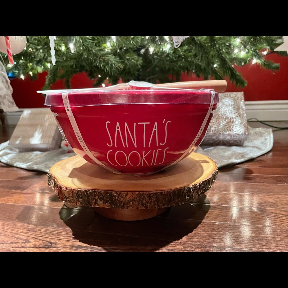Rae Dunn Santa’s Cookies mixing bowl and spatula.